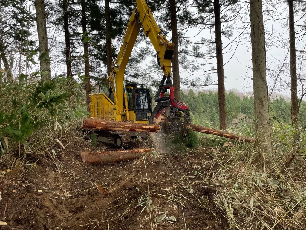 傾斜地で丸太をつかんで切断作業を行う林業用重機